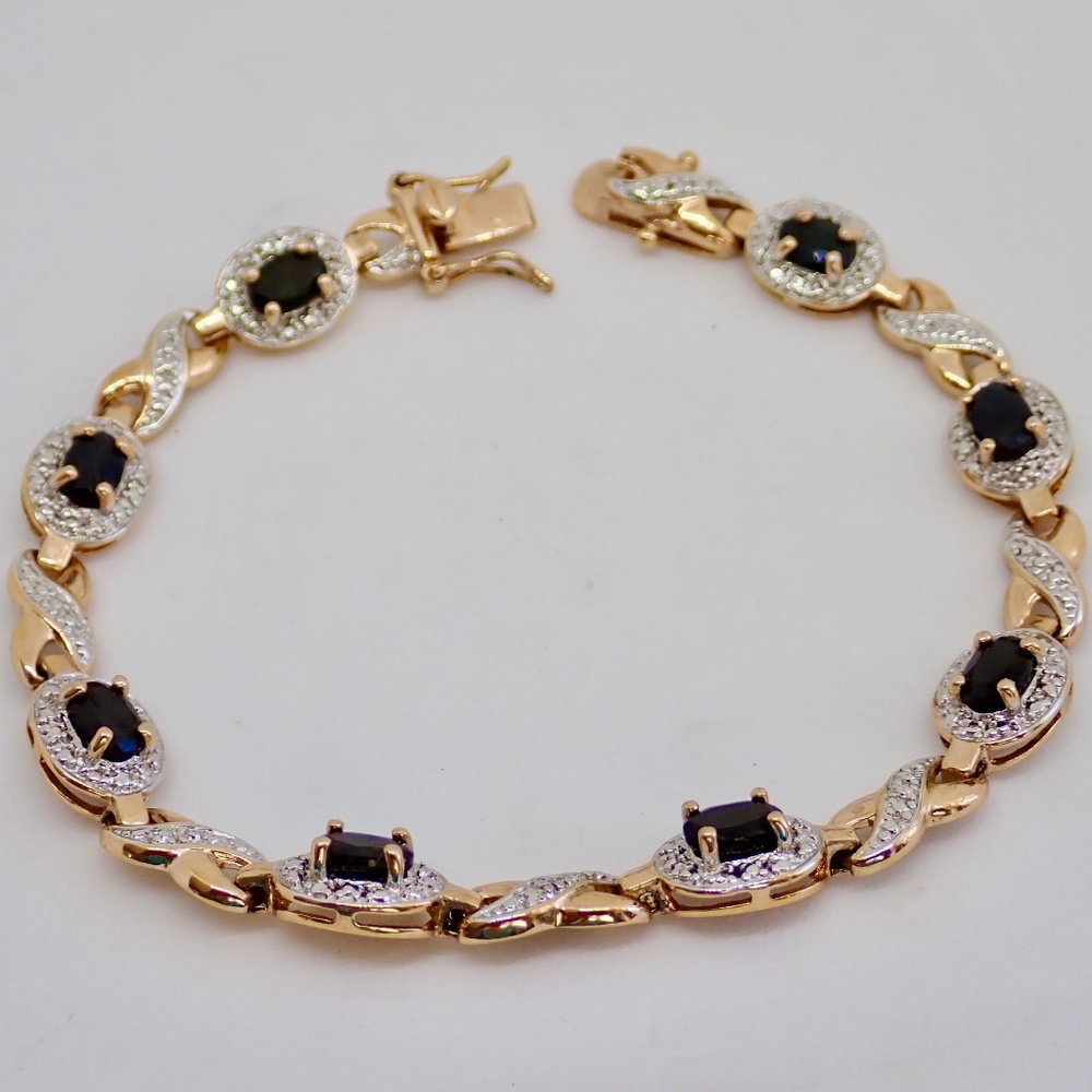 Sapphires Sterling Silver .925 Gold Tone Tennis Bracelet XO Link Chain 7.5" Gems